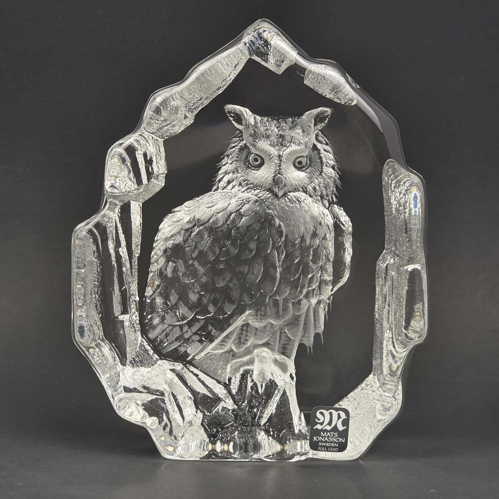 Mats Jonasson Maleras Sweden Full Lead Crystal Owl Sculpture Signed 9600 Boxed